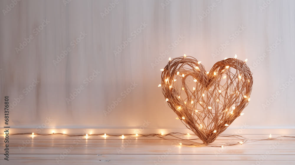 Elecric garland in the shape of a heart on a wooden background with copy space.