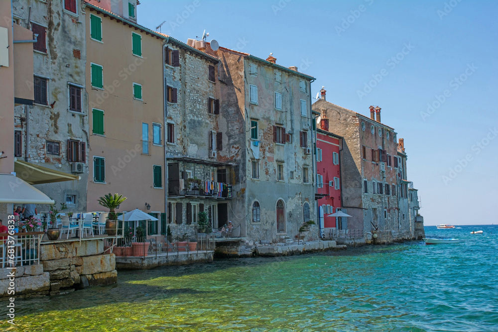 Historic houses on the north east waterfront of the medieval coastal town of Rovinj in Istria, Croatia