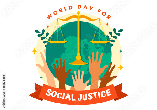 World Day of Social Justice Vector Illustration on February 20 with Scales or Hammer for a Just Relationship and Injustice Protection in Background