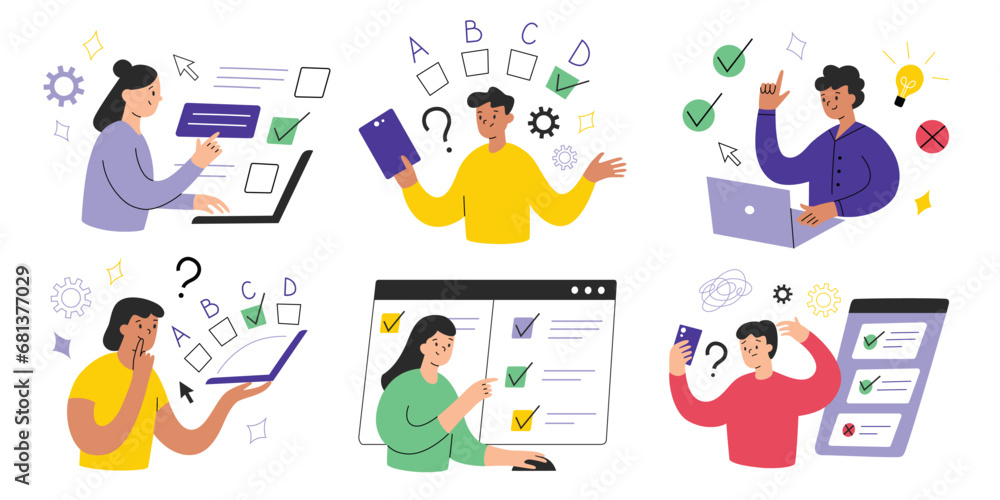 Students take online exam, cartoon characters take internet tests, hand drawn set of compositions with examination or survey, scene set with computers and cell phones, vector illustration of education