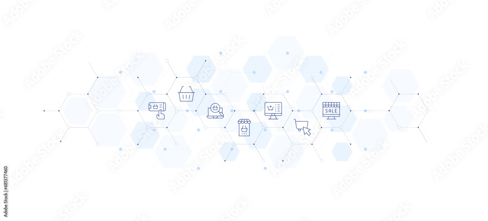E-commerce banner vector illustration. Style of icon between. Containing online shopping, shopping basket, search, online pharmacy, shopping cart.