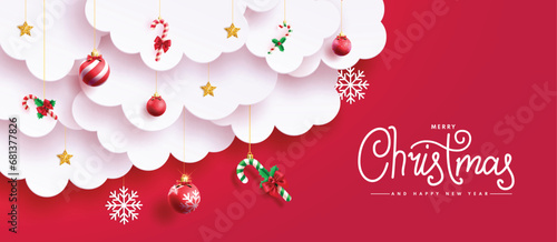 Christmas greeting vector design. Merry christmas and happy new year text with paper cut clouds and hanging xmas season decoration elements. Vector illustration greeting card in paper cut design.  
