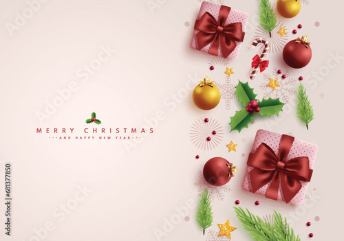 Merry christmas greeting vector design. Christmas and happy new year greeting text with xmas balls, gift boxes and spruce elements for holiday season background. Vector illustration elegant invitation