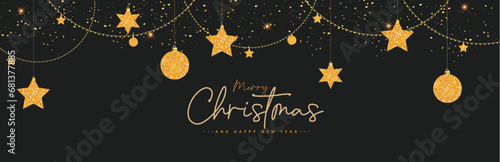 Merry christmas greeting text vector design. Christmas and happy new year in black empty space with stars and balls in gold color hanging in elegant background. Vector illustration holiday season 