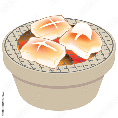 七輪で焼いた美味しそうなお餅のベクターイラスト