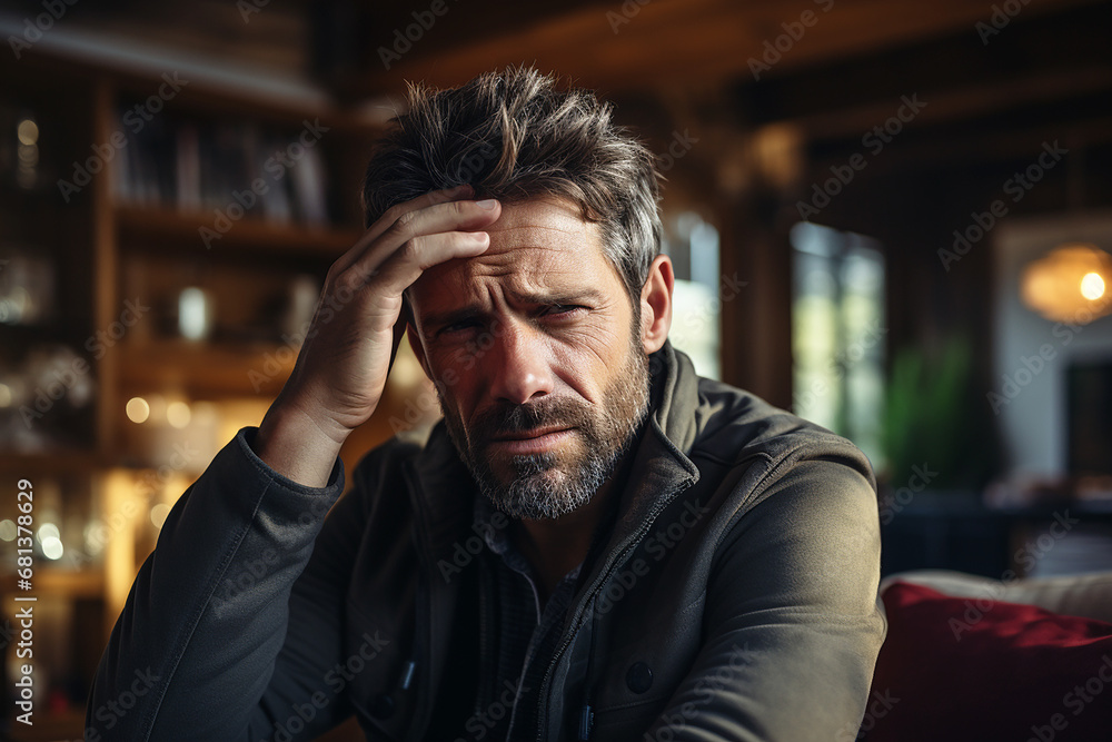 Depressed business man sitting at the table and suffering from overwork and stress Depressed business man sitting at the table and suffering from overwork and stress