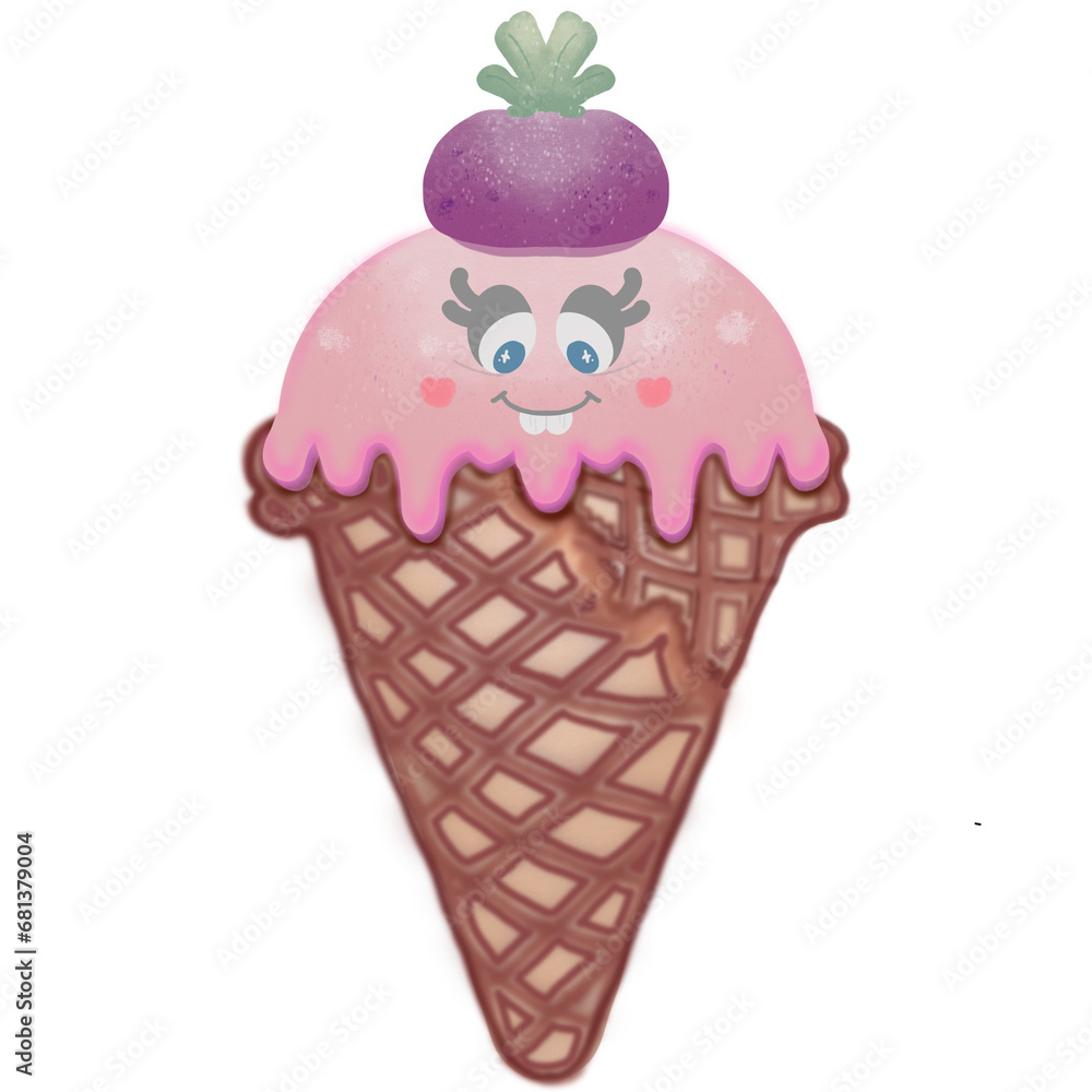 Collection ice cream cartoon with watercolor spots in hand drawn waffle cones. Vector illustration.