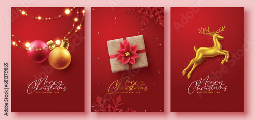 Christmas red greeting card vector poster set. Merry christmas and happy new year greeting text with xmas ball, gift and gold deer decoration elements in elegant background. Vector illustration red 