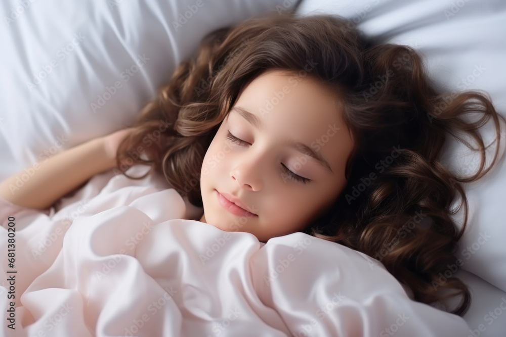 Brunette little girl sleeping well on white pillow in bed Brunette little girl sleeping well on white pillow in bed