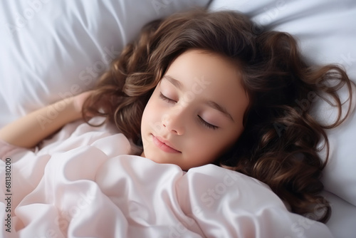 Brunette little girl sleeping well on white pillow in bed