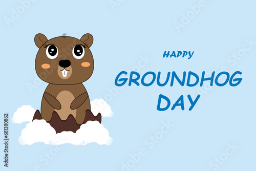 Groundhog Day. Holiday February 2. Vector illustration with a cartoon marmot and a congratulatory inscription.