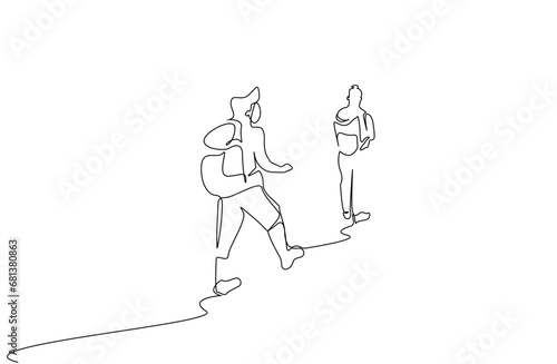two people together hike trekking nature backpack lifestyle line art design