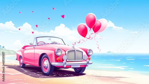 Retro romantic holiday card with classic pink convertible car adorned with pink heart-shaped balloons on sandy beach on seascape background. Concept of Valentine's Day, honeymoon, love and dating photo