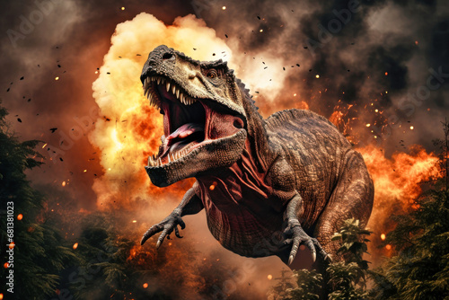 Tyrannosaurus T-rex  dinosaur on smoke and fire background. Global catastrophe. A dinosaur escapes from the flames.