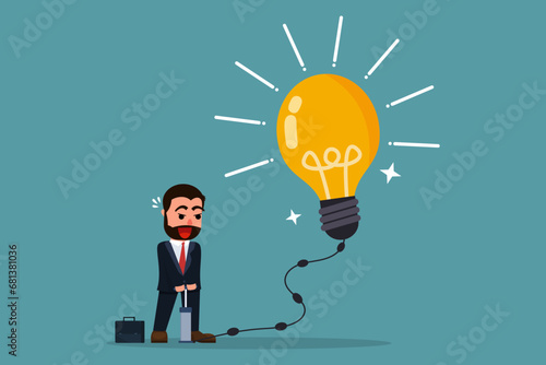Businessman pumping air into an idea bulb or idea to make it bigger. Generating new and creative ideas. Developing an idea or invention. Increasing the potential of thinking to improve business.