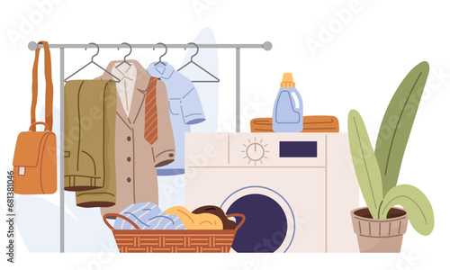 Laundry. Vector illustration. Laundromats offer communal laundry facilities Drying clothes on hangers reduces wrinkles The laundry metaphor inspires personal growth Cleaning heavily soiled clothes © robu_s