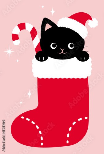 vector background with a cat in a Christmas sock for banners, cards, flyers, social media wallpapers, etc.