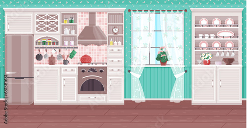 Kitchen vector illustration. Culinary delights thrive in kitchens where clean and stylish decor takes center stage The architecture kitchen plays crucial role in daily culinary experiences Culinary