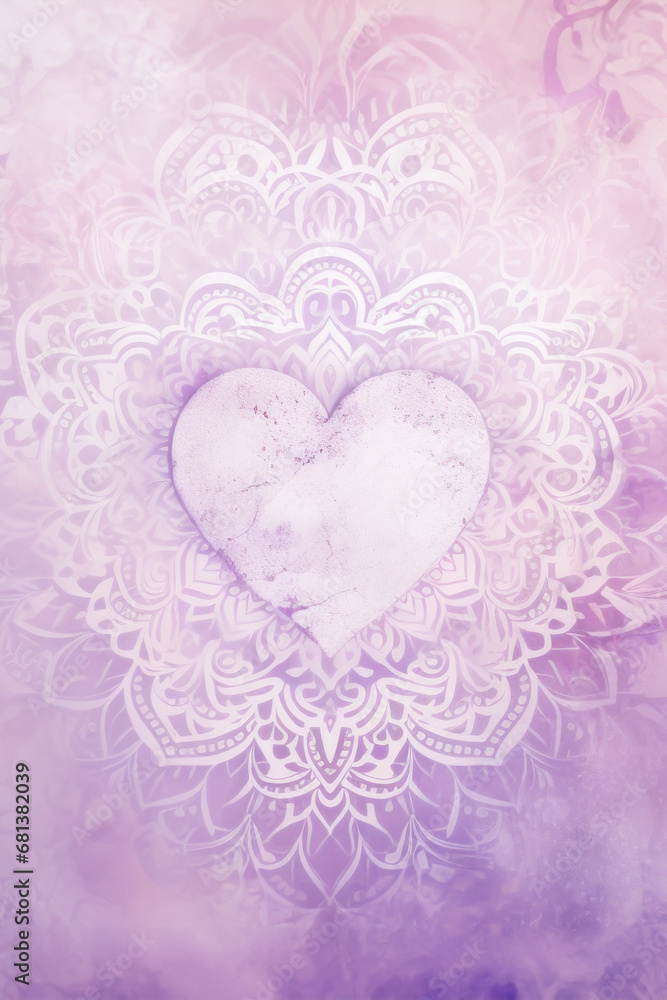 Delicate heart takes center stage against an ornate, mandala-like pattern with soft purple and pink hues, conveying sense of romance and ethereal beauty of love, suitable for Valentine's Day