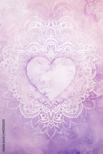 Delicate heart takes center stage against an ornate  mandala-like pattern with soft purple and pink hues  conveying sense of romance and ethereal beauty of love  suitable for Valentine s Day