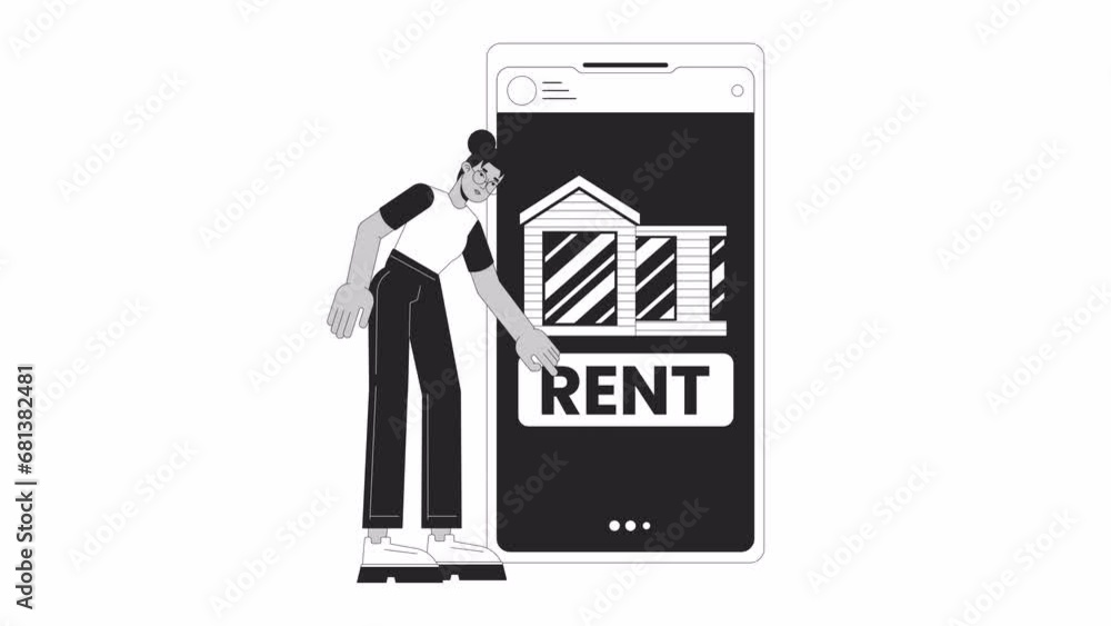 Rental property app bw outline 2D animation. African american woman ...