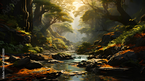 forest scene with sunlight filtering through the lush canopy.