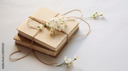 fresh flowers on bended books with ribbon on white background generated by AI tool  
