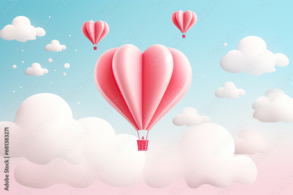 Valentine's Day background with hot air balloons and clouds. 