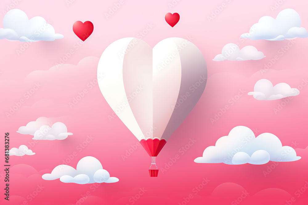 Valentine's Day background with a heart-shaped hot air balloon flying in the sky. 