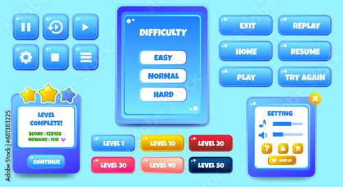 game ui kit, cartoon gaming interface buttons, icons, menu. set of circle buttons for game. vector