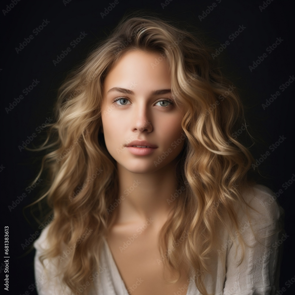 Fototapeta premium portrait of a beautiful young woman with long wavy hair , model appearance , on a dark background