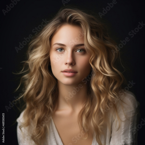 portrait of a beautiful young woman with long wavy hair , model appearance , on a dark background