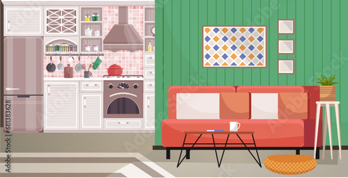 Kitchen vector illustration. Decorative elements in kitchen enhance aesthetics cooking space Culinary experiences come alive in kitchens where decor complements practicality Furniture choices