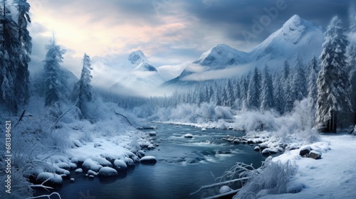 winter landscape, forest, mountains, snow falling