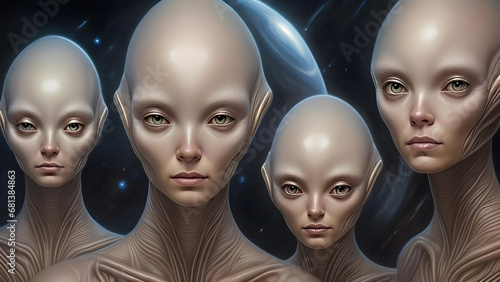 Atmospheric portrait of a group of alien beings from another planet with space background. Generative AI