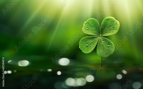 St Patricks Day Blurred Background. Photorealistic big four leaf clover, close up, luck winning ticket. Macro, bokeh, de focus, soft sun light rays, copy space. Fresh plant growing. AI Generative.