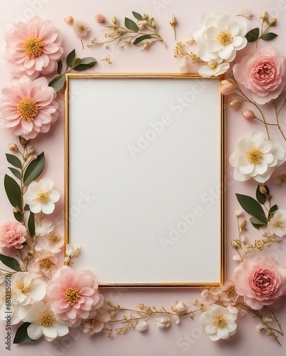 Elegant decorative small flowers golden white and pink invitation blank card  frame design. Ai image generative.