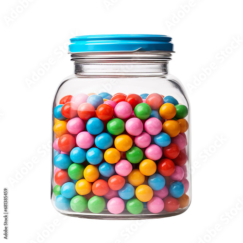 front view close up of milk chocolate coated in fun coloured shells in a jar isolated on a white transparent background 