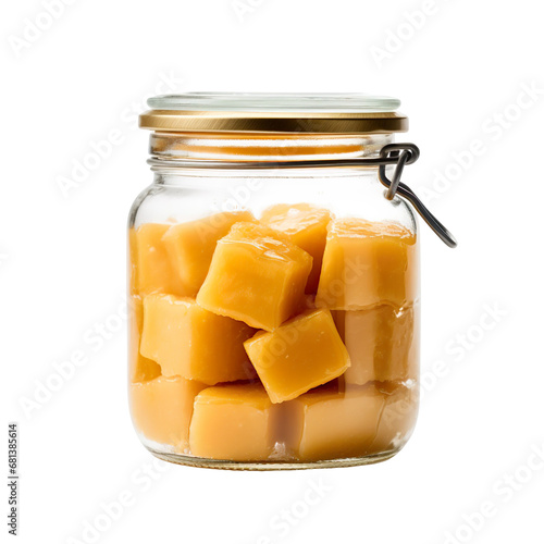 front view close up of Butterscotch Stick Jaw in a jar isolated on a white transparent background 
