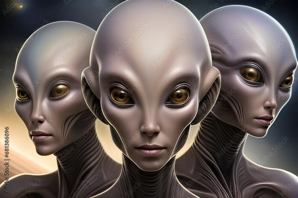 Atmospheric portrait of a group of alien beings from another planet with space background. Generative AI Atmospheric portrait of a group of alien beings from another planet with space background. Generative AI
