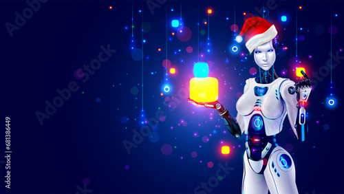 Beautiful robot woman in Santa Claus hat holds gifts in her hands. AI in image of cyborg woman or internet chat bot gives gifts for Christmas, New Year to customers of online store. Christmas shopping