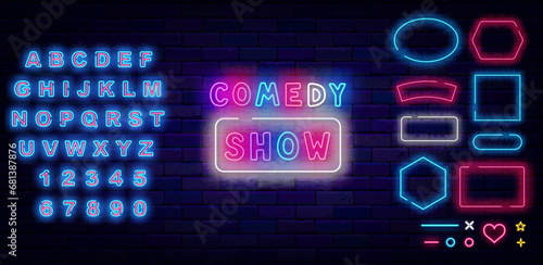 Comedy show neon label. Geometric frames collection. Stand up performance advertising. Vector stock illustration