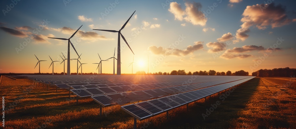 wind turbine and solar panel power plant in the background at sunset - obrazy, fototapety, plakaty 