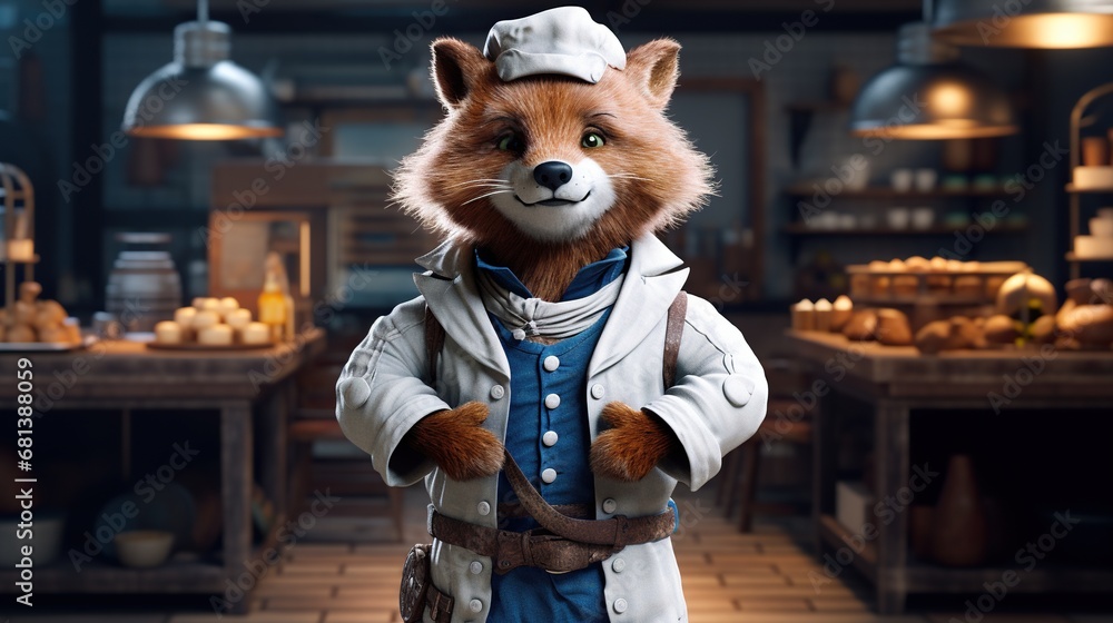 An anthropomorphic fox in a chef's hat and coat stands in a restaurant kitchen. - obrazy, fototapety, plakaty 
