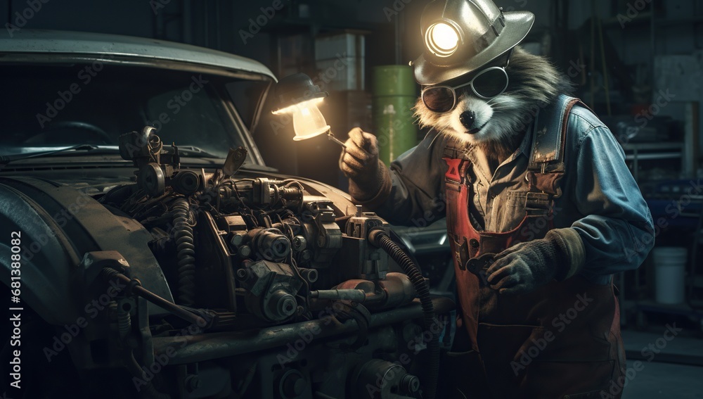 An anthropomorphic raccoon in a miner's hat with a headlamp repairs a car in a workshop.