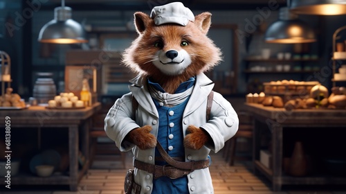 An anthropomorphic fox in a chef's hat and coat stands in a restaurant kitchen.