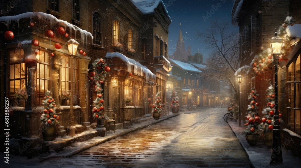 Naklejka premium winter night city, narrow street, Christmas