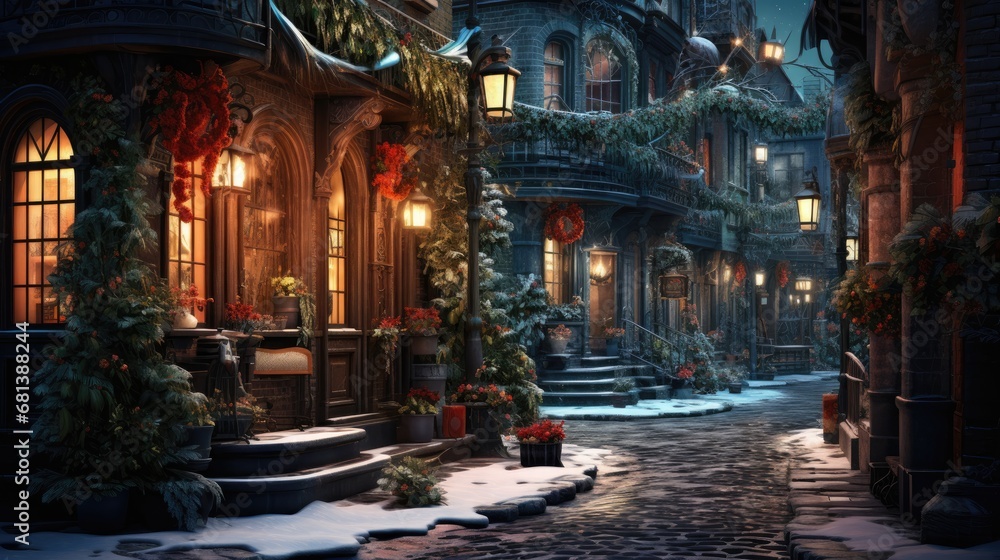 winter night city, narrow street, Christmas