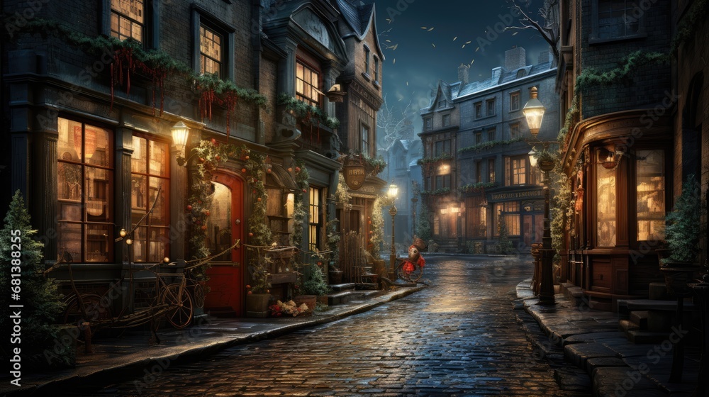 winter night city, narrow street,  Christmas