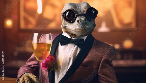 An anthropomorphic lizard in a tuxedo with a glass of wine at the bar, exquisitely dressed photo